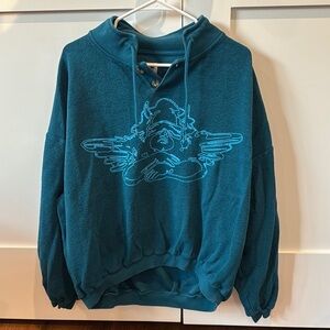 Teal Hooded Sweatshirt with Embroidered Design